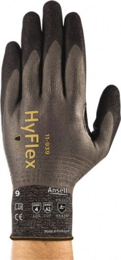Ansell Size L (9), ANSI Cut Lvl A2, Abrasion Lvl 4, Nitrile/Polyurethane Coated HPPE Fiber Cut Resistant Gloves 9.6063" Long, Fully Coated Coated, Spandex & Dyneema/Nylon Lining, Knit Wrist, Gray/Black, Paired 11-939-9 - 32563231