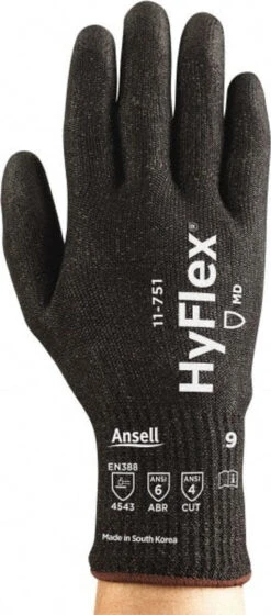 Ansell Size XS (6), ANSI Cut Lvl 4, Puncture Lvl 2, Abrasion Lvl 6, Polyurethane Coated Polyurethane Cut Resistant Gloves 8.88" Long, Palm Coated, Nylon & Spandex Lining, Knit Wrist, Black, Paired 11-751-6 - 55692875