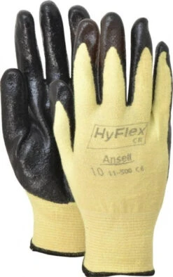 Ansell Size XL (10), ANSI Cut Lvl 2, Abrasion Lvl 3, Nitrile Coated Cut Resistant Gloves Palm & Fingers Coated, Kevlar Lining, Knit Wrist, Black/Yellow, Paired 11-500-10 - 71010805