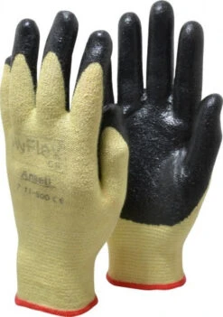 Ansell Size S (7), ANSI Cut Lvl 2, Abrasion Lvl 3, Nitrile Coated Cut Resistant Gloves Palm & Fingers Coated, Kevlar Lining, Knit Wrist, Black/Yellow, Paired 11-500-7 - 71010821