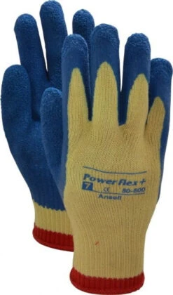 Ansell Size S (7), ANSI Cut Lvl 2, Abrasion Lvl 4, Natural Rubber Latex Coated Cut Resistant Gloves Palm & Fingers Coated, Kevlar Lining, Knit Wrist, Blue/Yellow, Paired 80-600-7 - 71011043