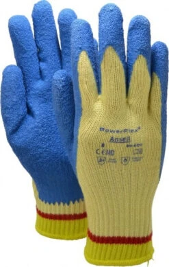 Ansell Size M (8), ANSI Cut Lvl 2, Abrasion Lvl 4, Natural Rubber Latex Coated Cut Resistant Gloves Palm & Fingers Coated, Kevlar Lining, Knit Wrist, Blue/Yellow, Paired 80-600-8 - 71011050
