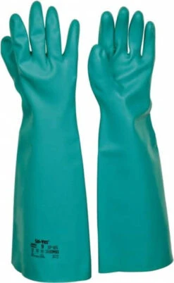 Ansell Size L (9), 18" Long, 22 Mil Thick, Nitrile Chemical Resistant Gloves Textured Finish, Straight Cuff, ANSI Abrasion Level 5, ANSI Cut Level 0, Green, FDA Approved 37-185-9 - 89307318