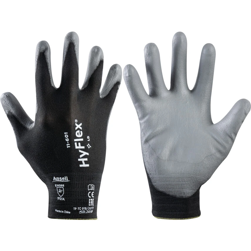 ANSELL 11-601 HyFlex® Mechanical Hazard Gloves, Black/Grey, Nylon Liner, Polyurethane Coating, EN388: 2016, 3, 1, 2, 1, A, Size 8 1 ANSELL 11-601 HyFlex® Mechanical Hazard Gloves, Black/Grey, Nylon Liner, Polyurethane Coating, EN388: 2016, 3, 1, 2, 1, A, Size 8