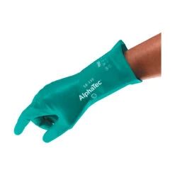 ANSELL 58-330 Alphatec Chemical Resistant Gauntlet, Green, Nitrile, Cotton Flocked Liner, Size 8
