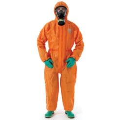 ANSELL Microchem, Chemical Protective Coveralls, Disposable, Type 3/4/5, Orange, Multi-layer Non Woven Barrier Laminate Fabric, Zipper Closure, L